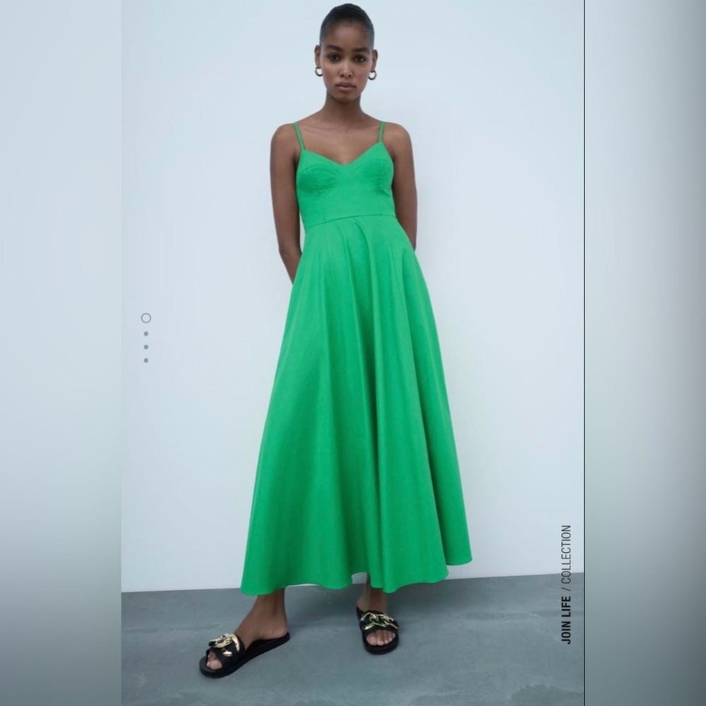 Zara - Vibrant Green Maxi Poplin Dress with Structured Corset Top and Pockets